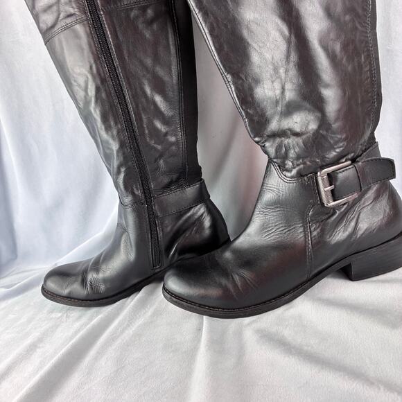 Aldo Black Knee High Full Zip Boots Women's 7.5 Equestrian Silver Tone Buckle - Picture 2 of 16